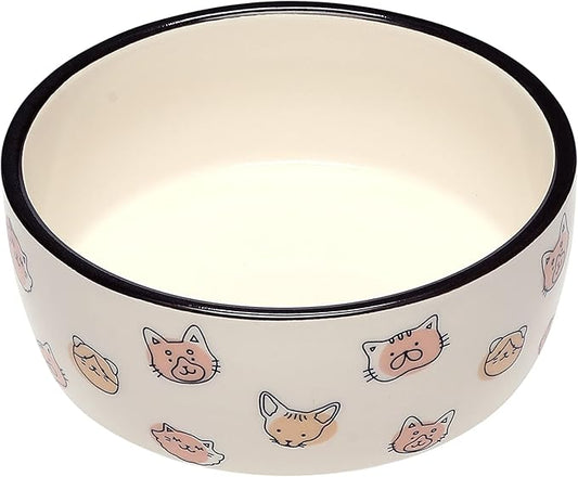 Cat Faces Pattern Ceramic Pet Bowl, Holds 2 Cups, Medium Water and Food Dish, Microwave and Dishwasher Safe