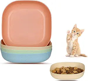 Cat Food Bowl Set, 6 inch Wide Shallow Cat Bowl for Relief Whisker Fatigue,Small Flat Cat Dish, Shallow Pet Feeding Dish or Plate for Cats and Small Dogs (4Pcs)