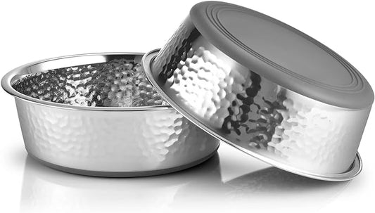 2 Pack Hammered Stainless Steel Cat Bowls, Premium Metal Cat Bowls with Non Slip Rubber Bottom, Dishwasher Safe, Easy to Clean, 2 Cup, Gray Bottom