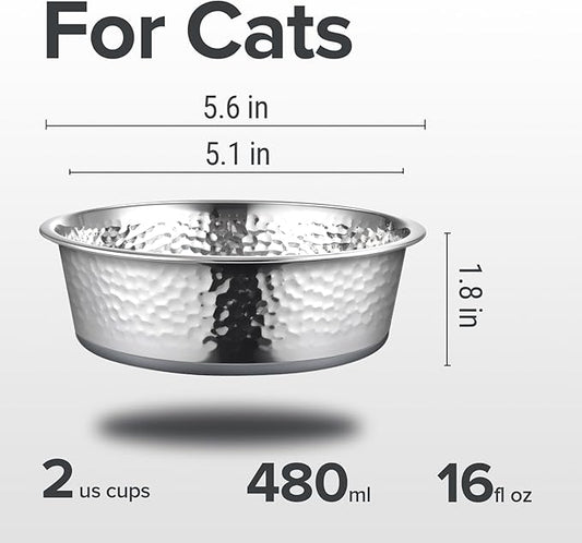 2 Pack Hammered Stainless Steel Cat Bowls, Premium Metal Cat Bowls with Non Slip Rubber Bottom, Dishwasher Safe, Easy to Clean, 2 Cup, Gray Bottom